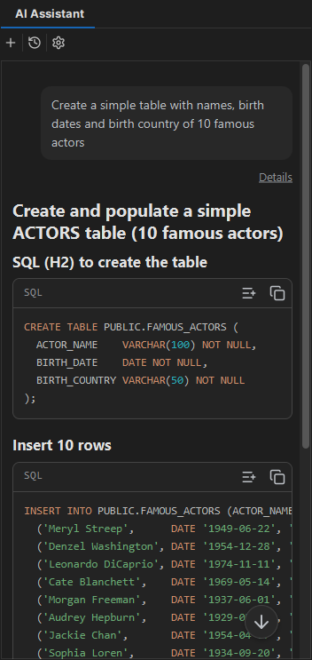 Example of a chat in the AI Assistant panel