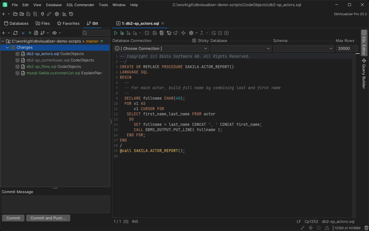 Overview of the Git tab in DbVisualizer