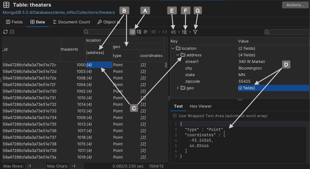 Screen capture of nested view in structured data viewer