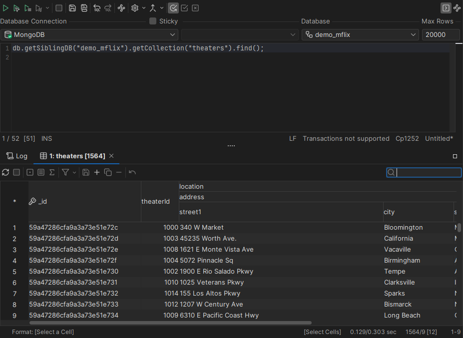 MongoDB Shell script and the corresponding result grid