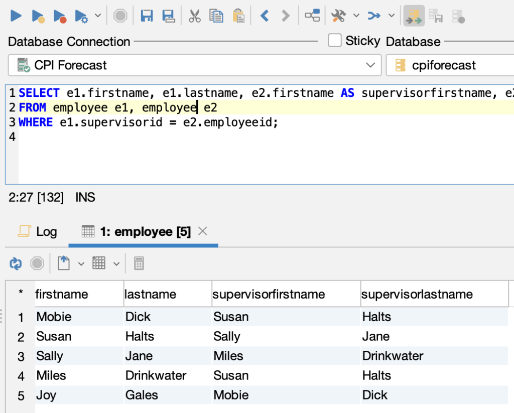 SELF JOIN Query Output in DbVisualizer.