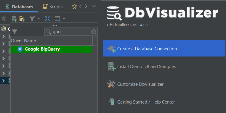 Searching Google BigQuery driver in DbVisualizer.