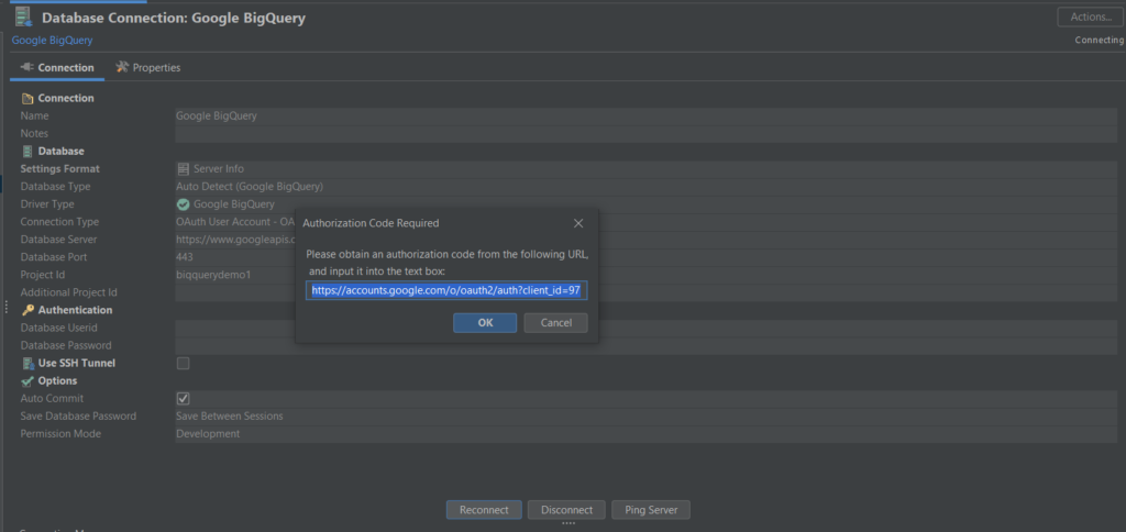 Google BigQuery driver pop up dialog in DbVisualizer.