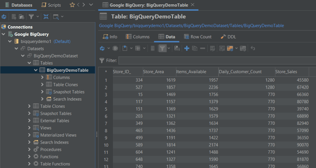 Viewing data on Google BigQuery in DbVisualizer.