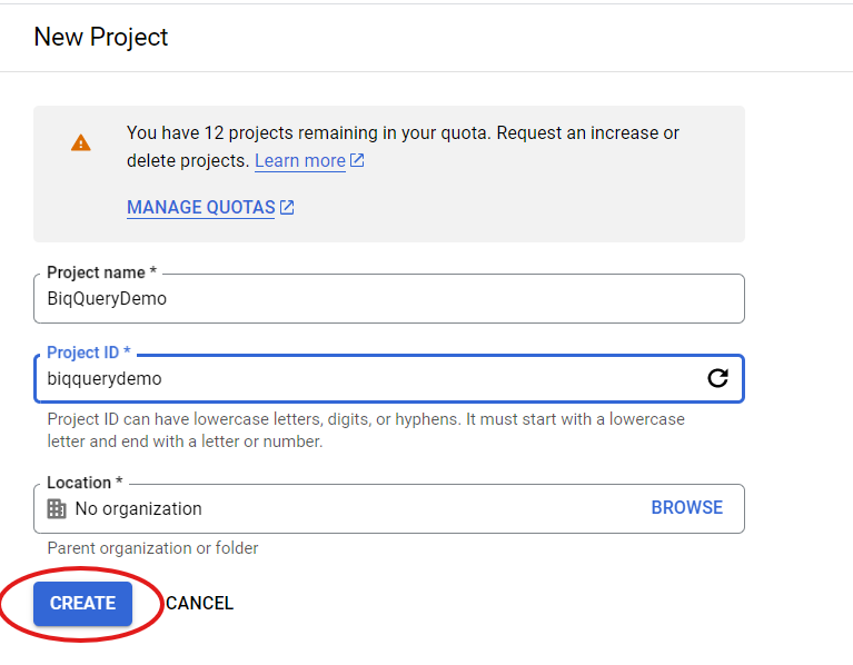 Giving the project a name in Google BigQuery.