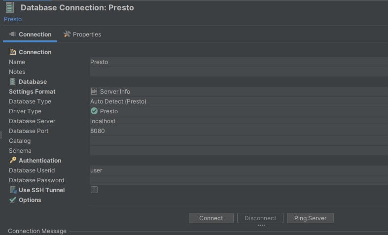 Connection Details for the Presto Server in DbVisualizer.