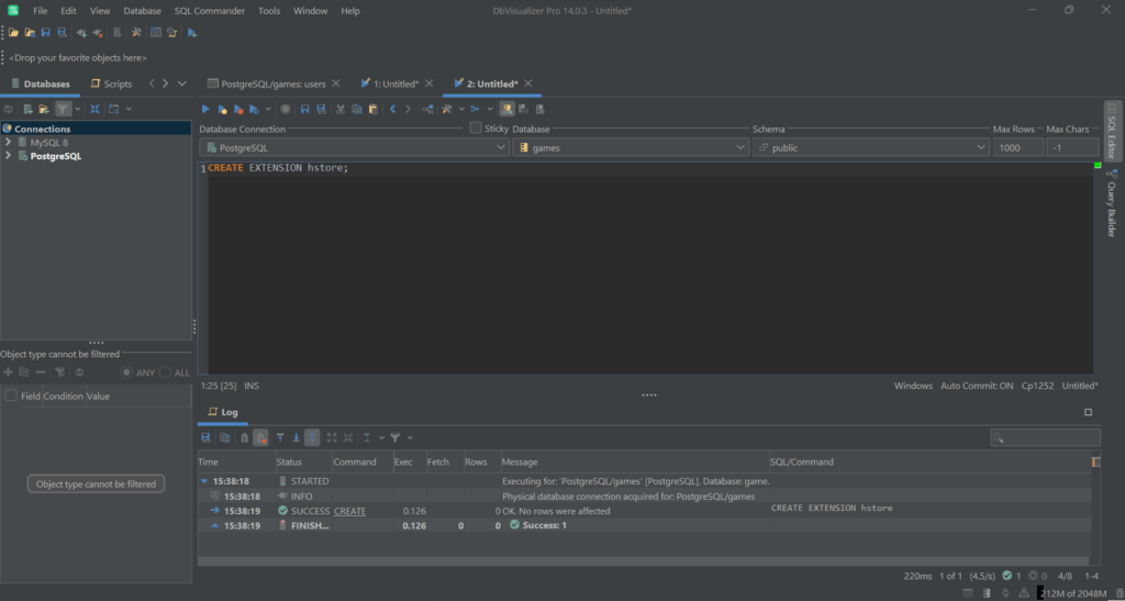 Enabling the hstore extension in DbVisualizer.