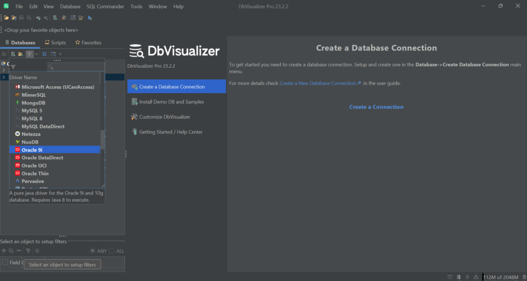 Defining a connection to a database in DbVisualizer.