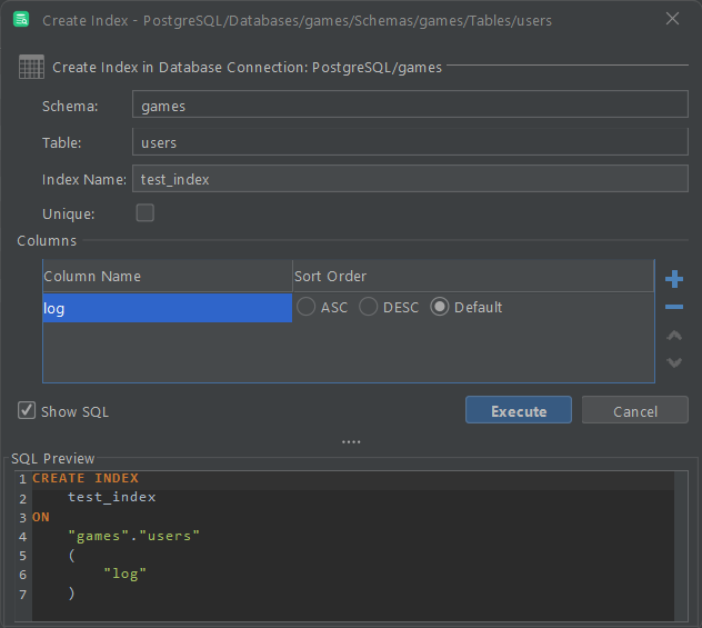 Creating an index in DbVisualizer Pro 14.