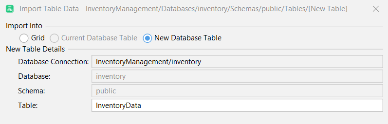 New database table for InventoryData.