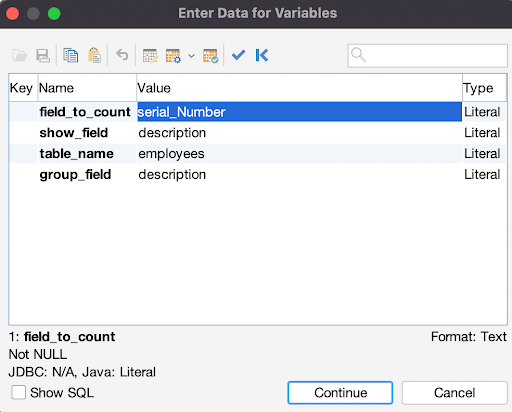 Entering parameter values for count data query