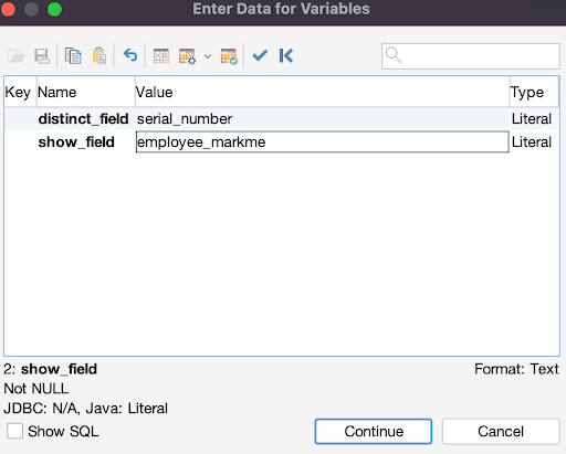 Entering parameter values for the distinct data query