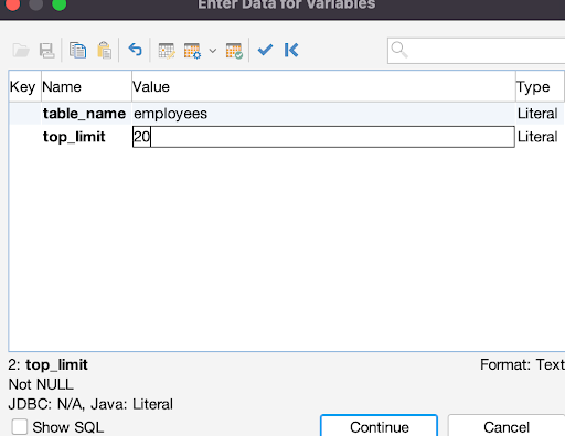 Entering parameter values for the LIMIT query