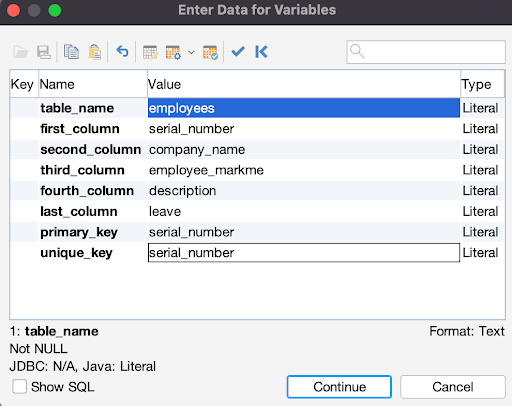 Entering parameter values in the create table query