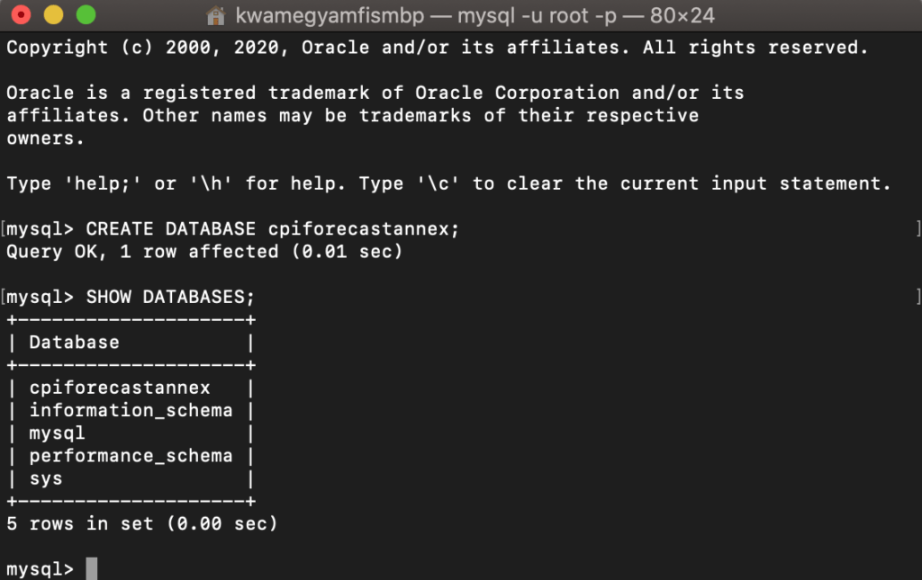 A view of the newly created MySQL database.