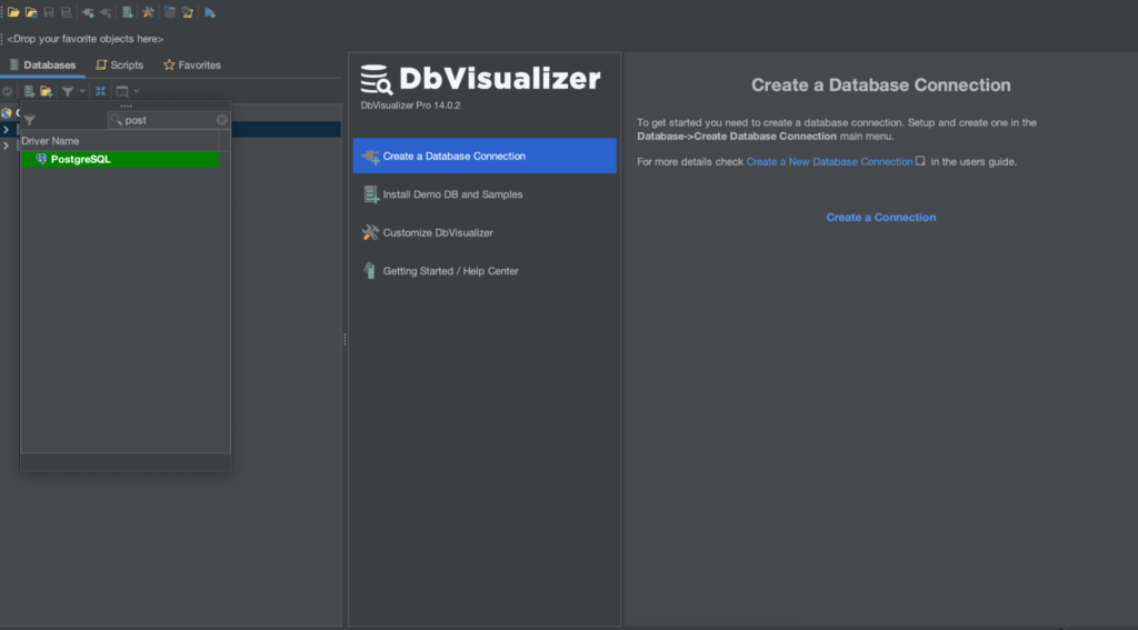 Searching and selecting Postgres driver in DbVisualizer