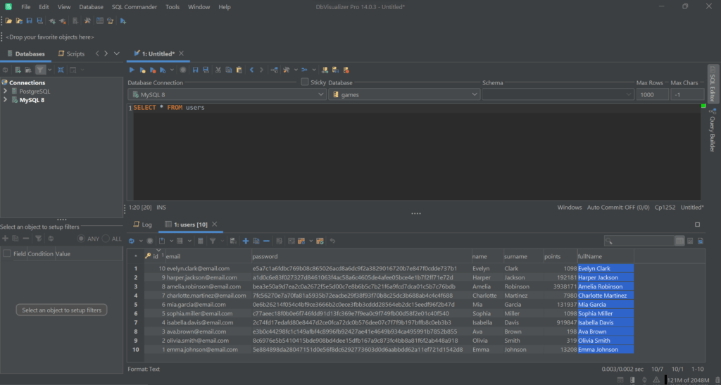 SELECT query on users table in the fullName column.