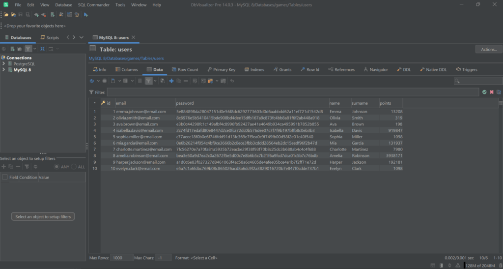 Exploring the users table in DbVisualizer.
