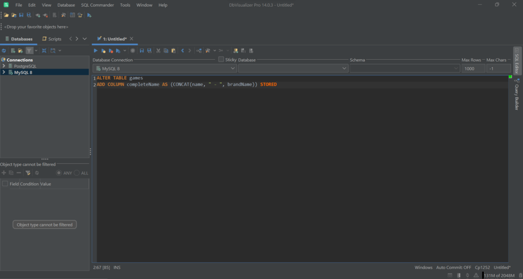An example of a query to add a generated column to a table in DbVisualizer.