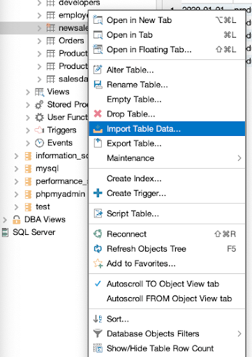 Importing data to a table.