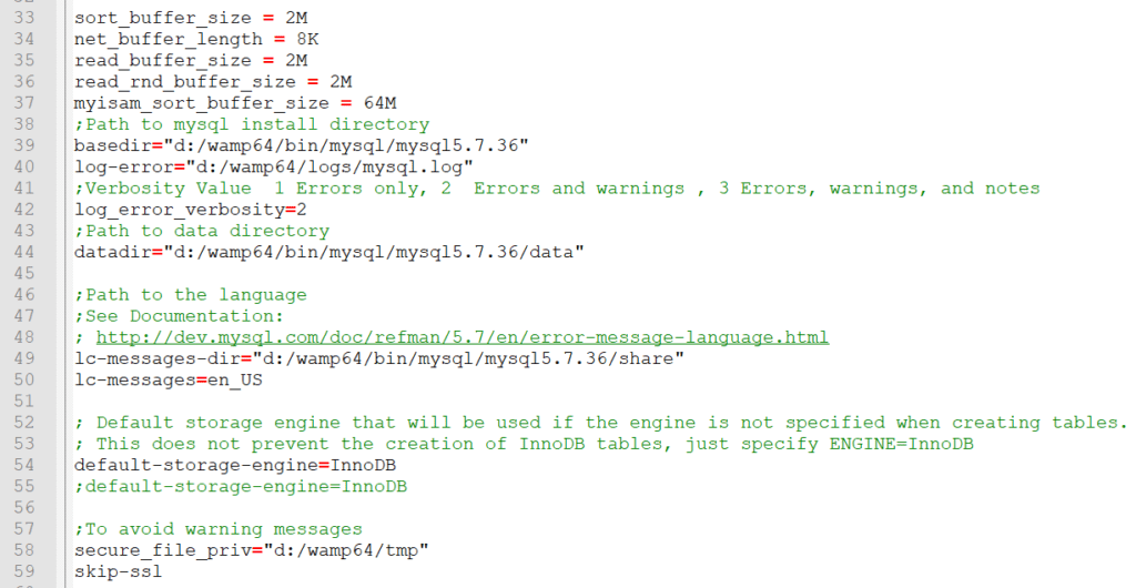 The parameters relevant to MySQL.