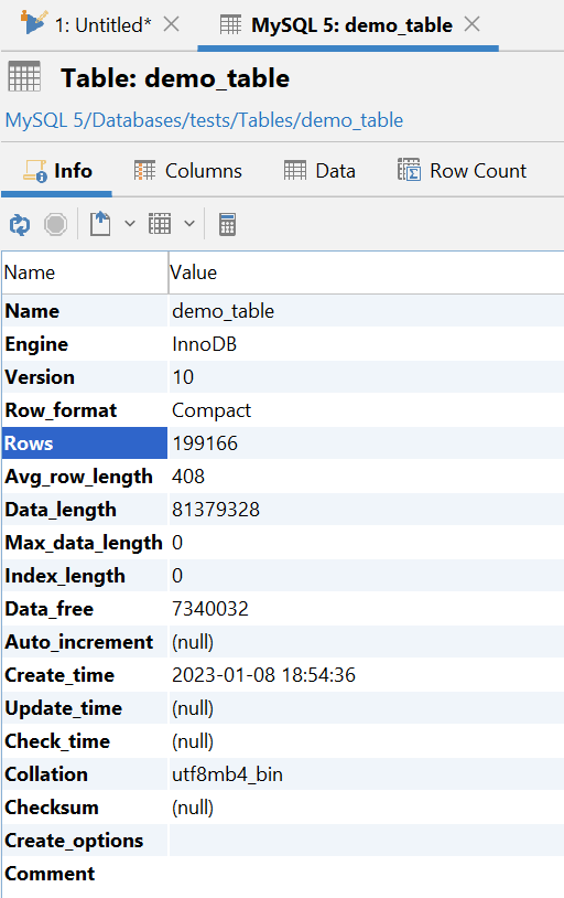 Information about a table in DbVisualizer.