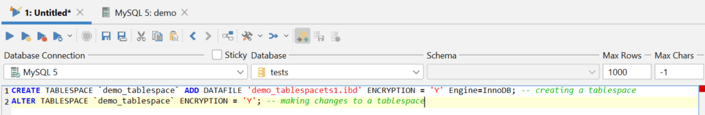Encrypting entire tablespaces in MySQL when a master key is generated.