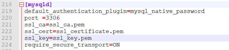 Definitions in MySQL to use encrypted connections.