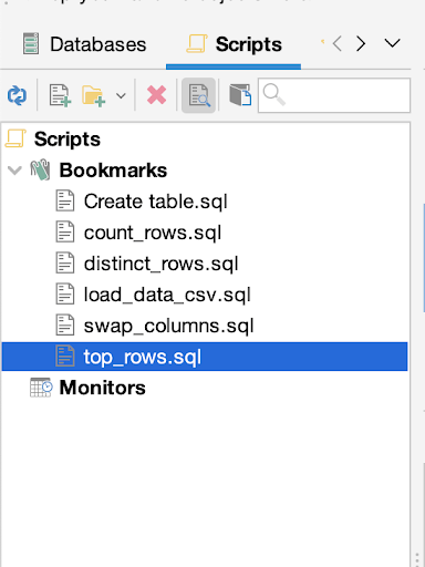 Showing the saved scripts in bookmarks tab