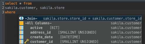 Auto Join
Auto complete in SQL Commander now suggests join conditions if there are primary/foreign key mappings defined for the tables being part of a query.