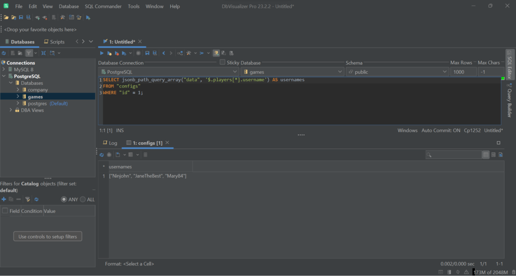 Executing the SQL/JSON path query in DbVisualizer.