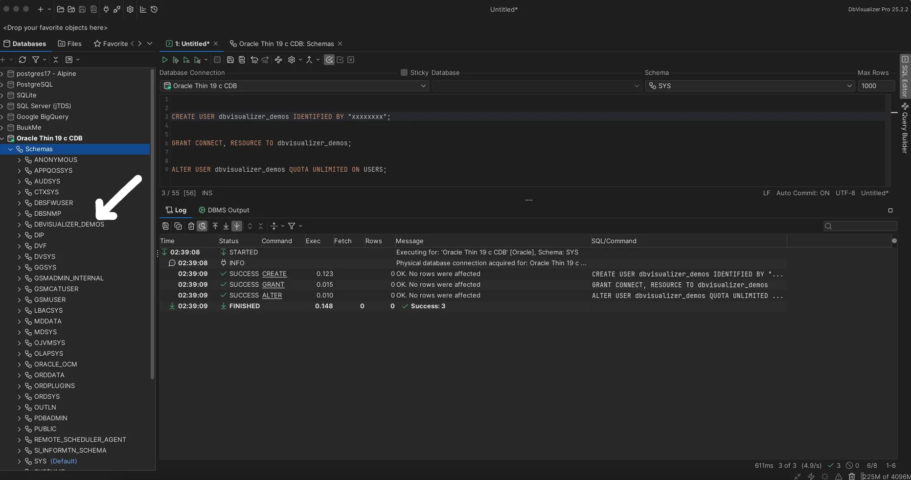 the newly created user (Schema)