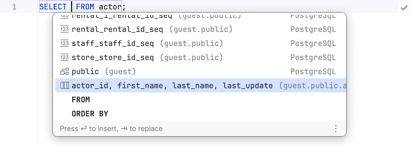Code completion fields for SELECT