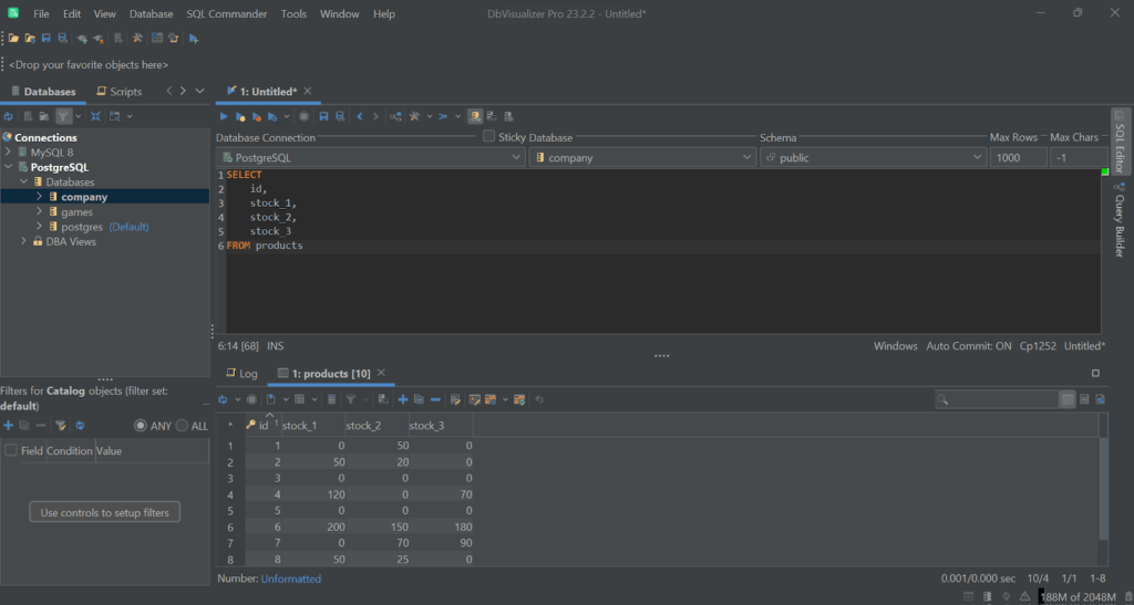 Note the products with id = 3 and 5, where all "stock" columns are 0