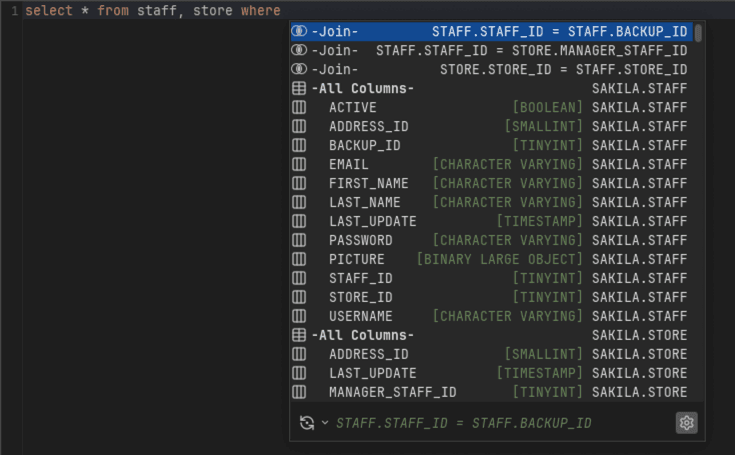 SQL Commander auto-completion column names