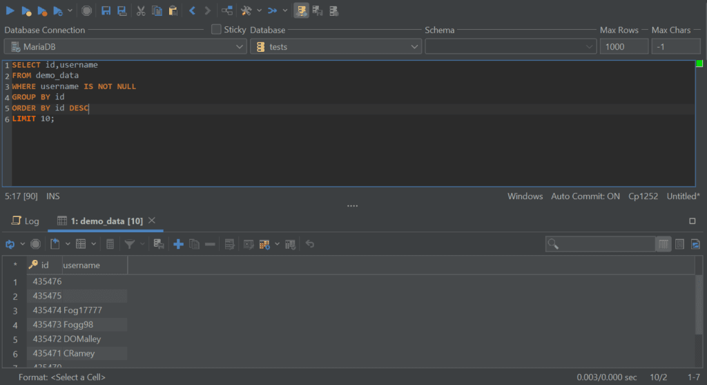 SQL GROUP BY clause with the ORDER BY statement in DbVisualizer