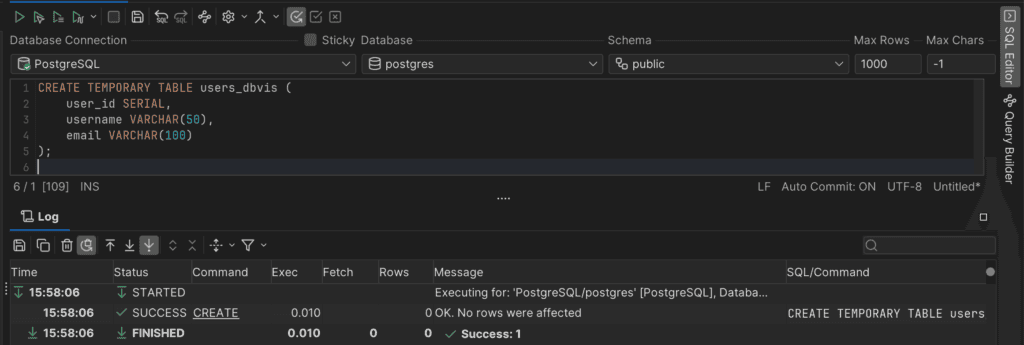 Creating a temporary table in PostgreSQL using DbVisualizer