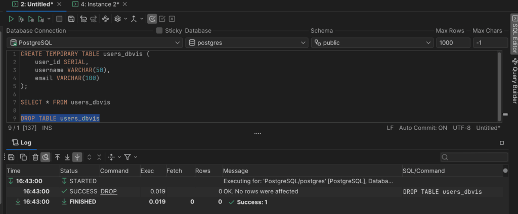 Dropping a temporary table in DbVisualizer