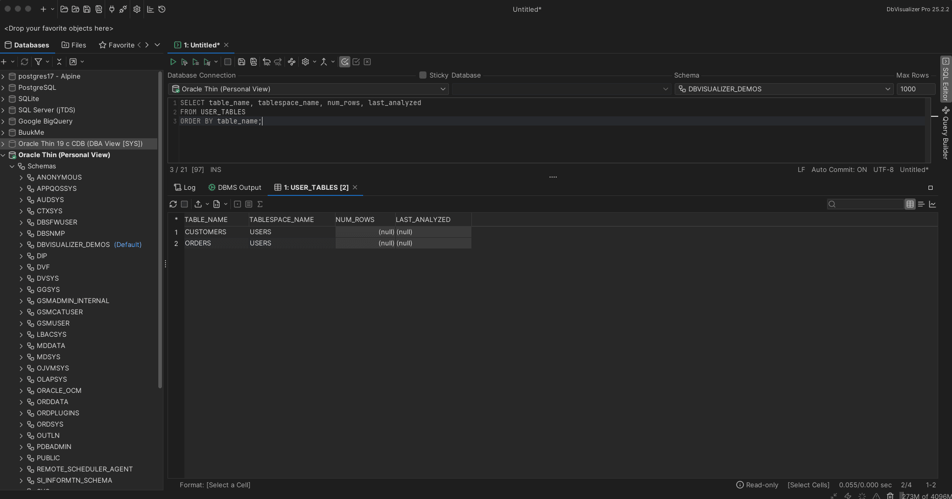 Our dbvisualizer_demos user tables