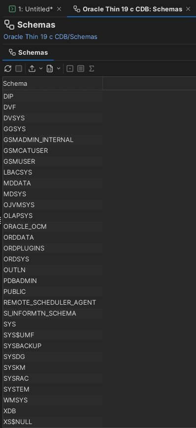 Built-in system schemas in the Oracle database, visualized in DbVisualizer