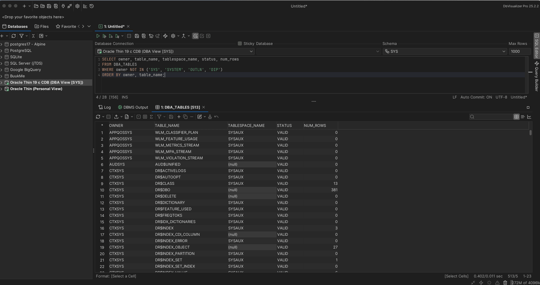 Listing our oracle tables with the DBA_TABLES method