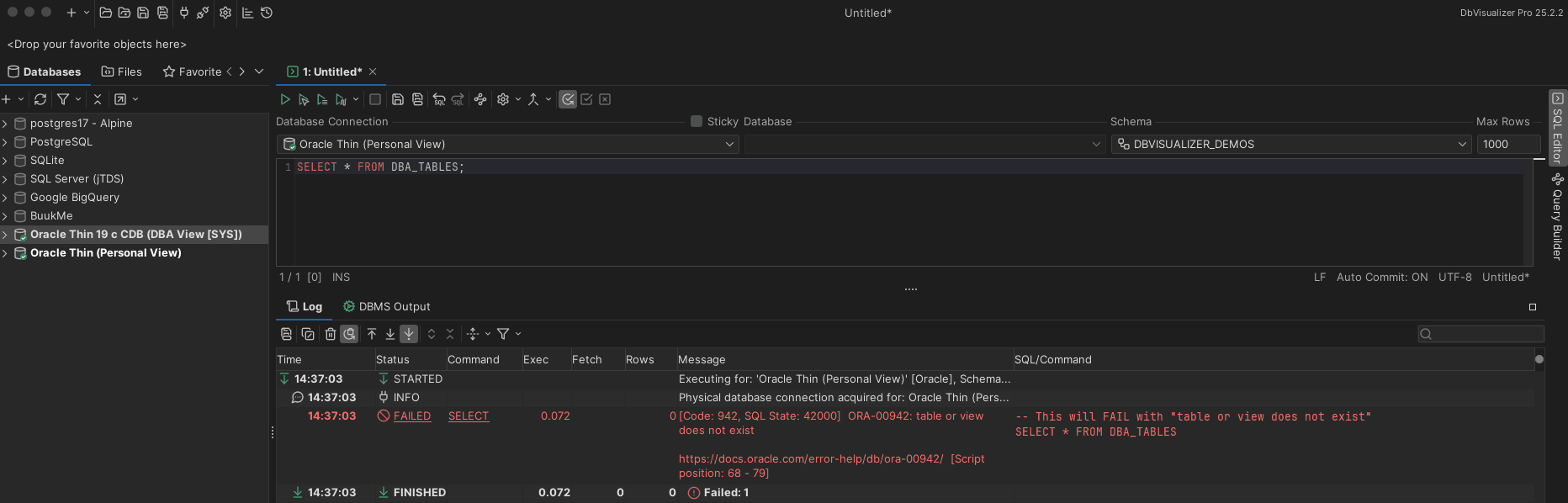 Error from the absence of DBA privileges