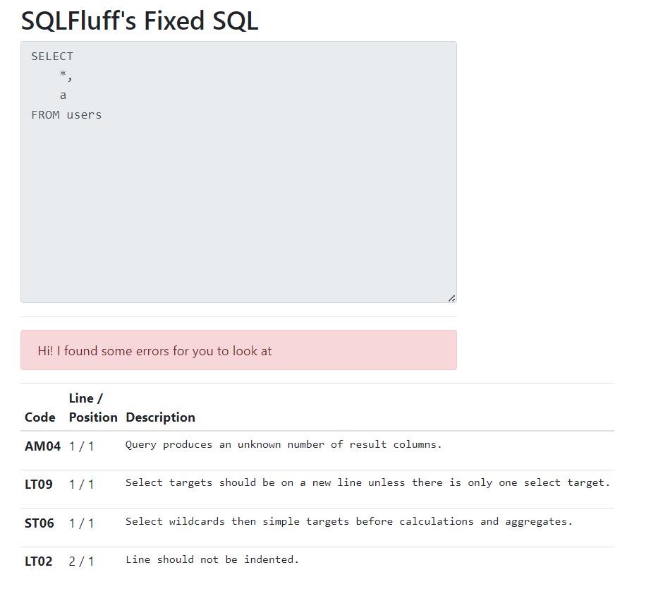 Note the errors and the new query indentation