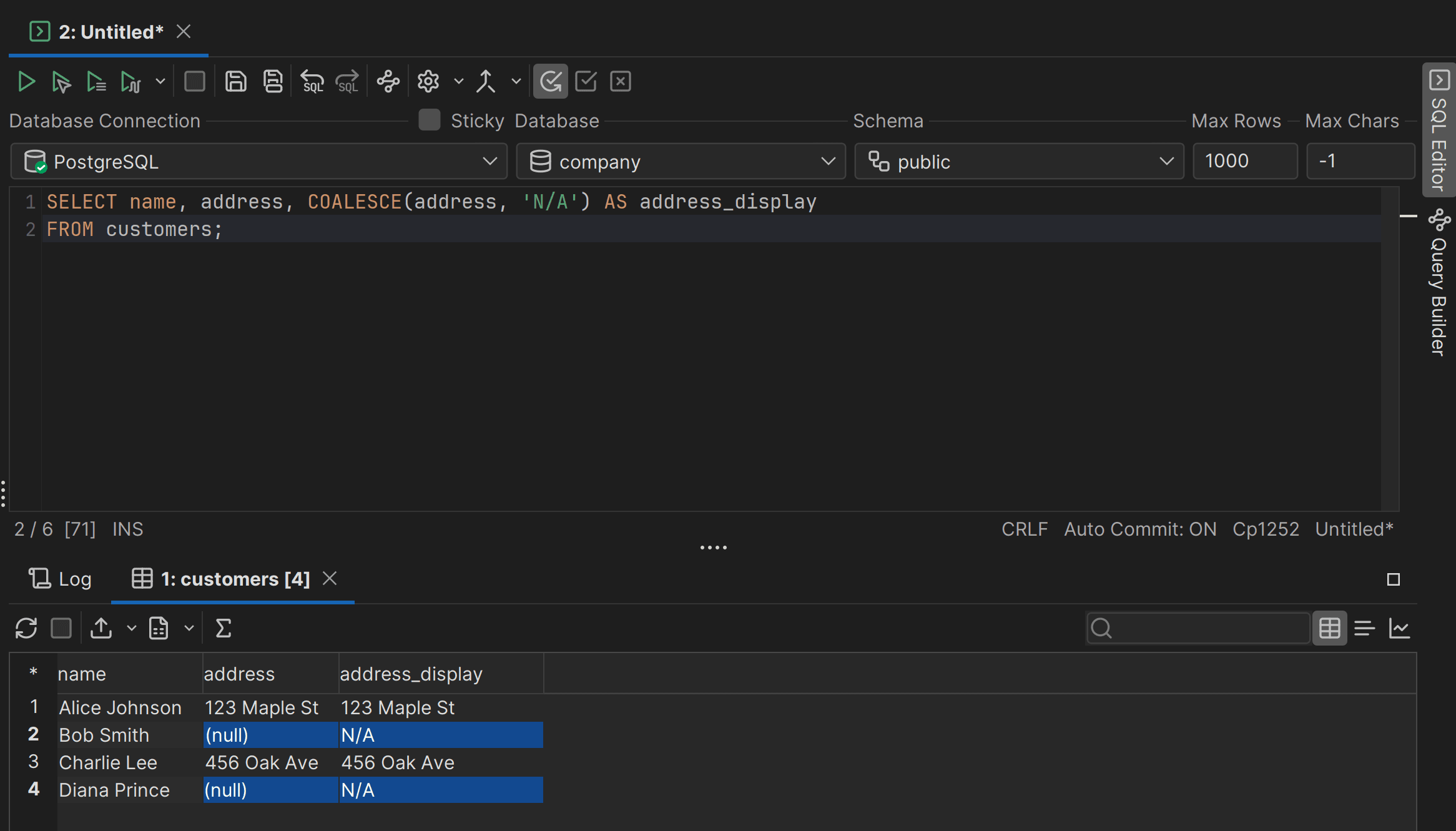 Note that the the address_diplay column i N/A when the original address is NULL