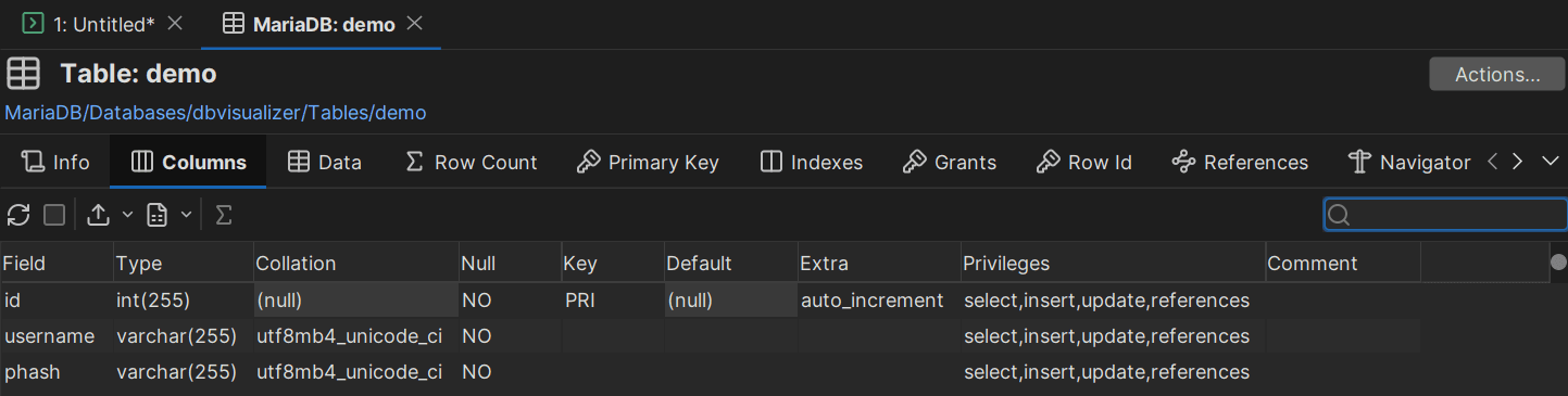 Inspecting a demo table within MariaDB using DbVisualizer