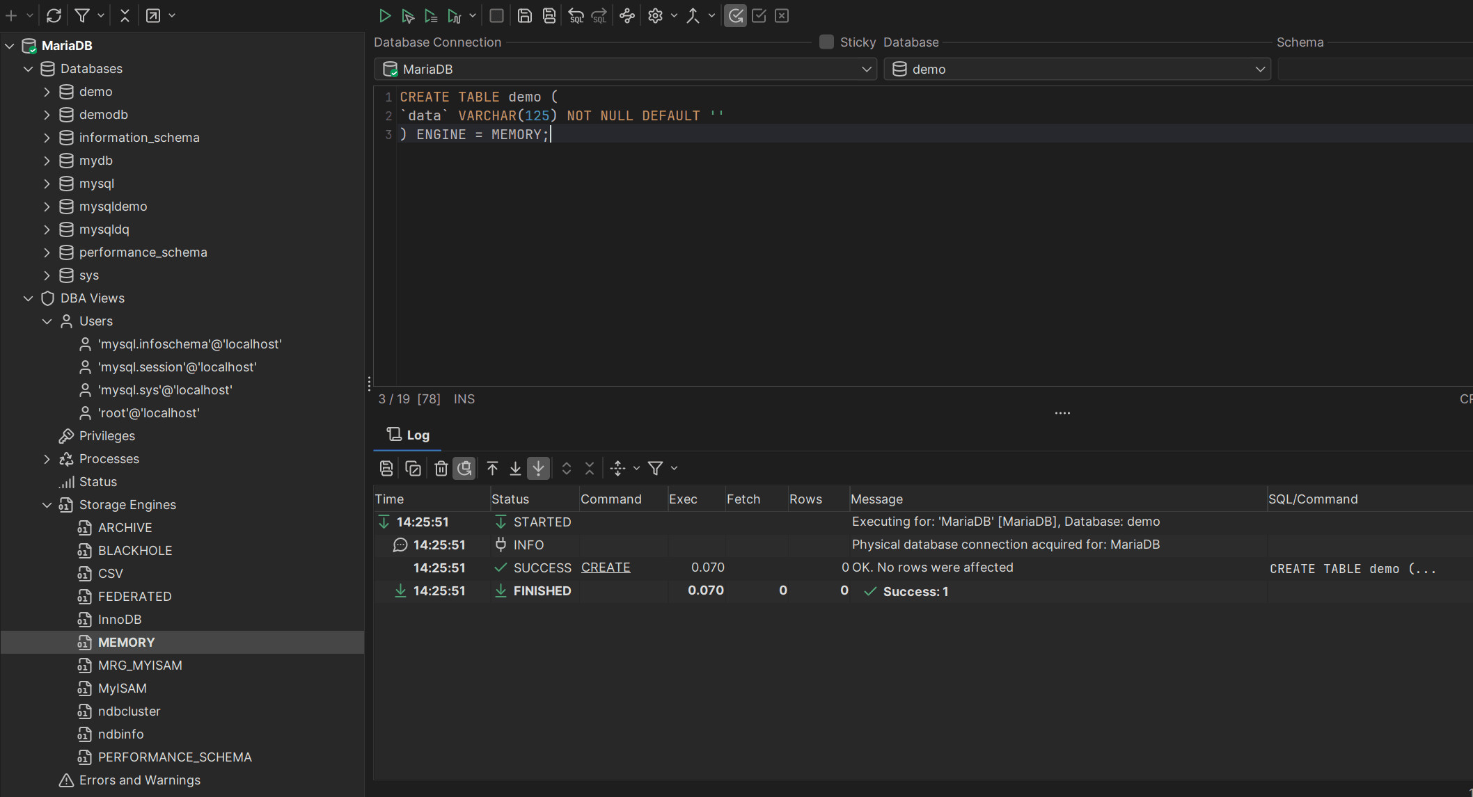 Creating an in-memory table using MariaDB in DbVisualizer