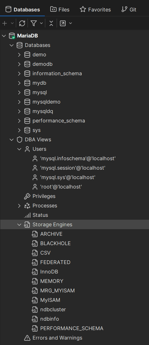 DbVisualizer displaying databases and storage engines in MariaDB