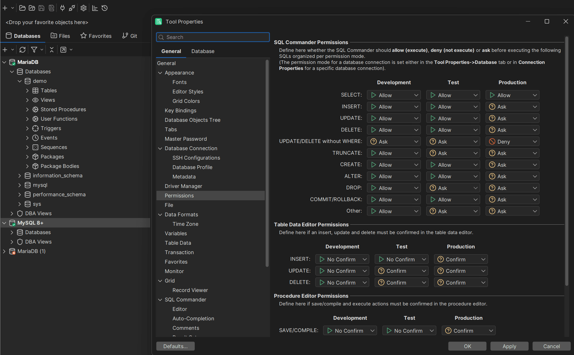 DbVisualizers Tool Properties Window and the Databases within the Tool