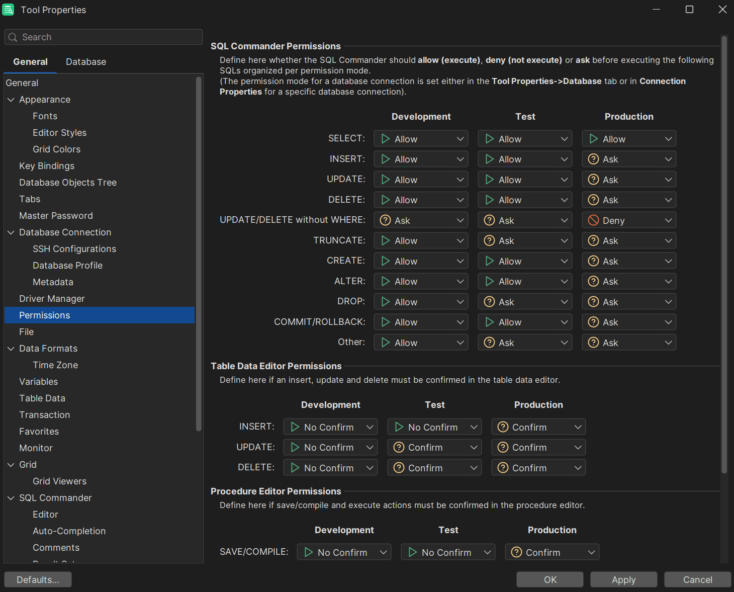 The permissions tab of DbVisualizer
