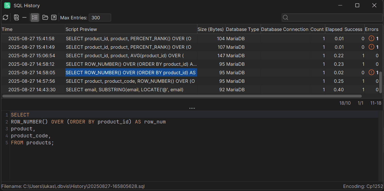 The history of SQL queries executed in DbVisualizer